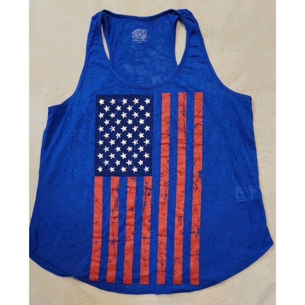 WOMENS MADE IN THE USA BLUE TANK TOP WITH AMERICAN FLAG DESIGN SIZE XXL